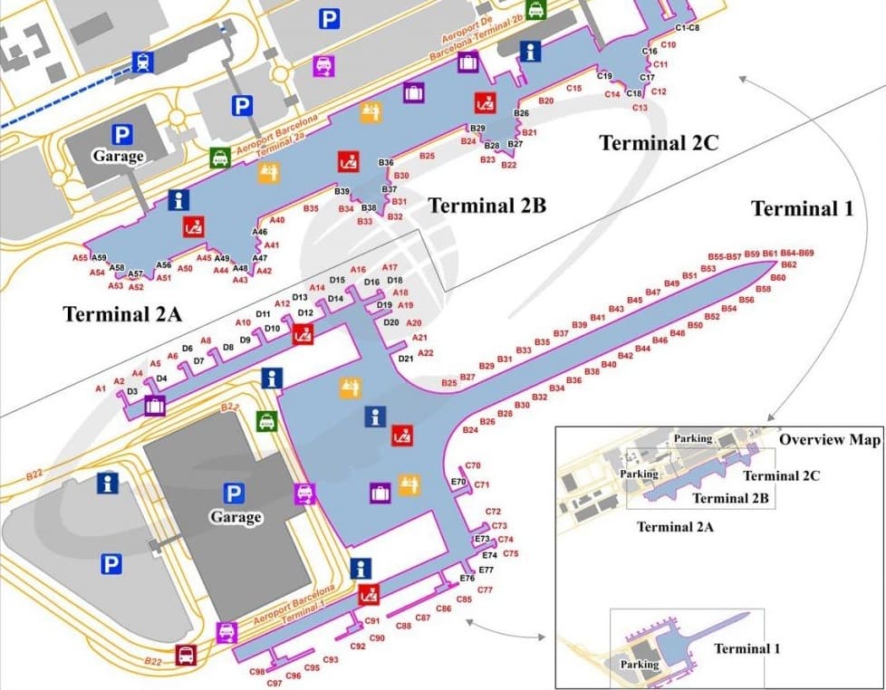 Mapa del Aeropuerto de Barcelona-El Prat con zonas de recogida